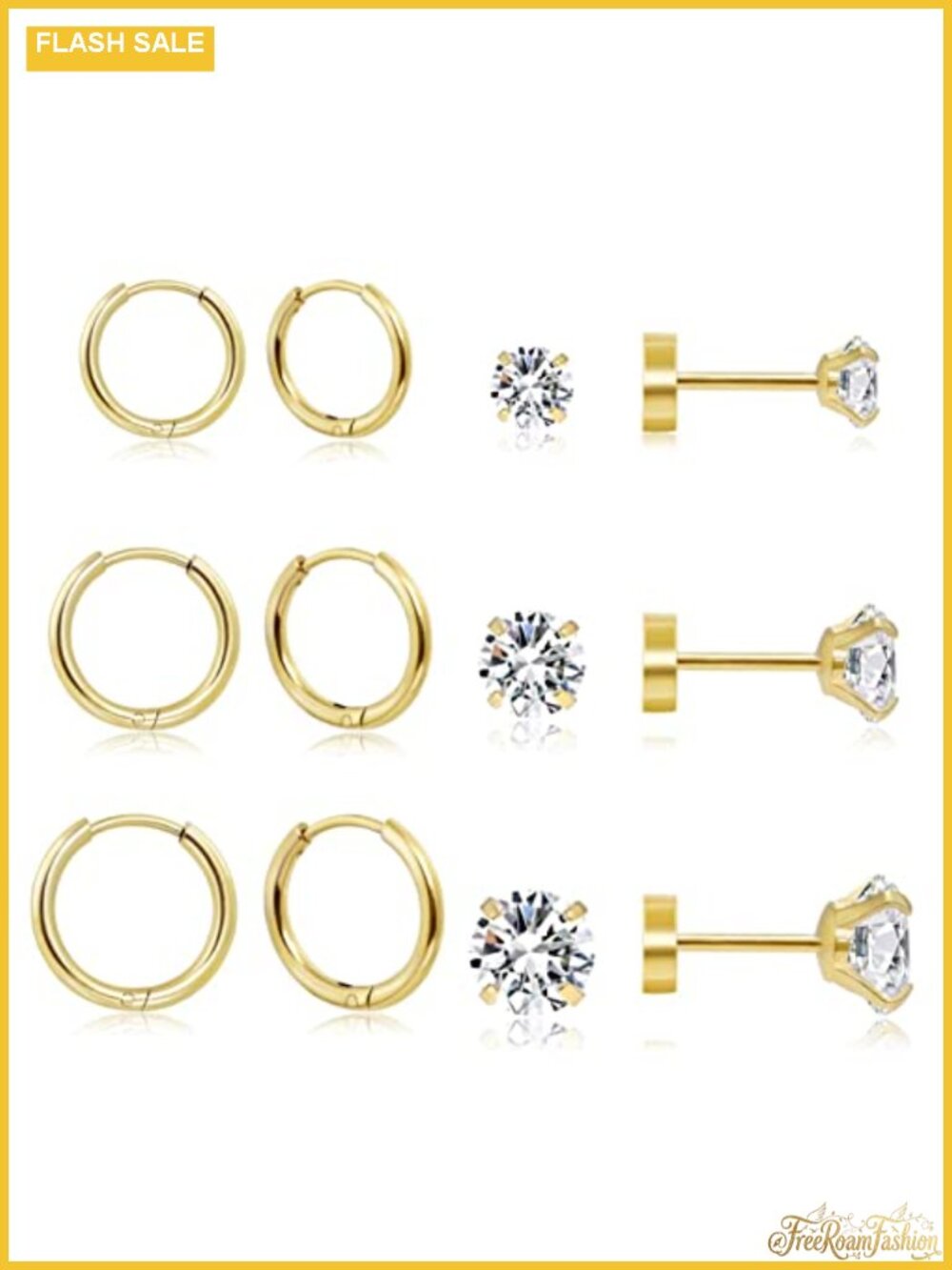 6 Pairs 14K Gold Plated Earrings Set, Surgical Steel, Huggie Hoops & CZ Studs,